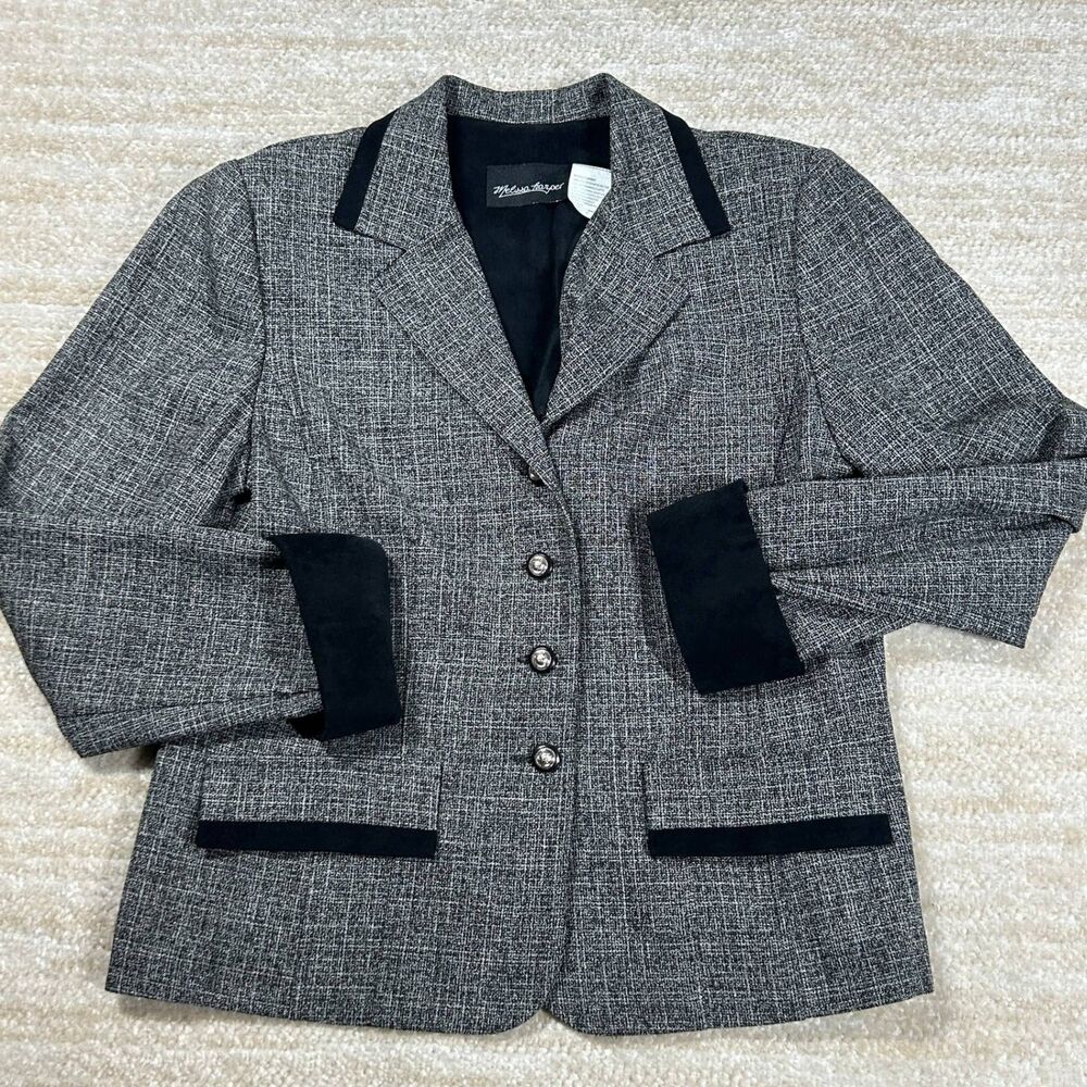 Melissa Harper Jacket Womens 10 Gray Black Tweed Contrast Trim Button Front